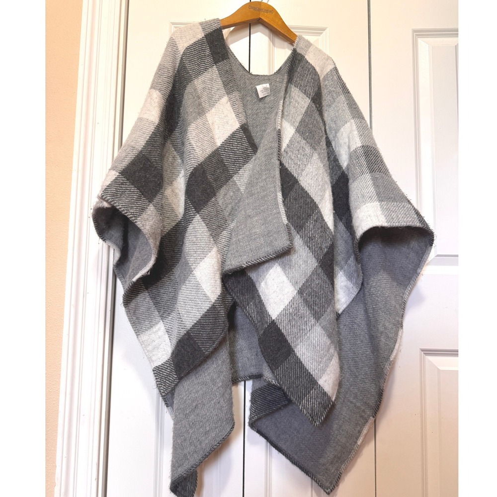 A New Day Gray Black Ivory Buffalo Plaid Open Front Ruana Wrap One Size OS